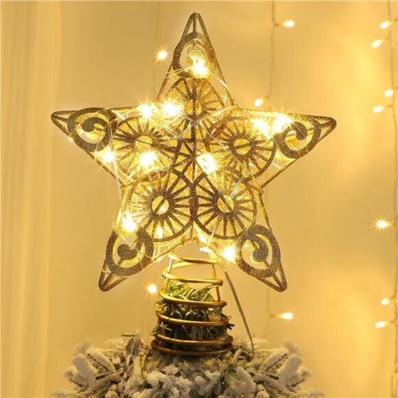 Star Tree Topper with 20 LED Lights, Metal Golden Lighted Treetop Ornaments - Picture 1 of 7